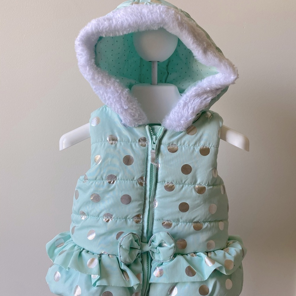 Little Me Turquoise Puffer Vest with Fur Trim Hood